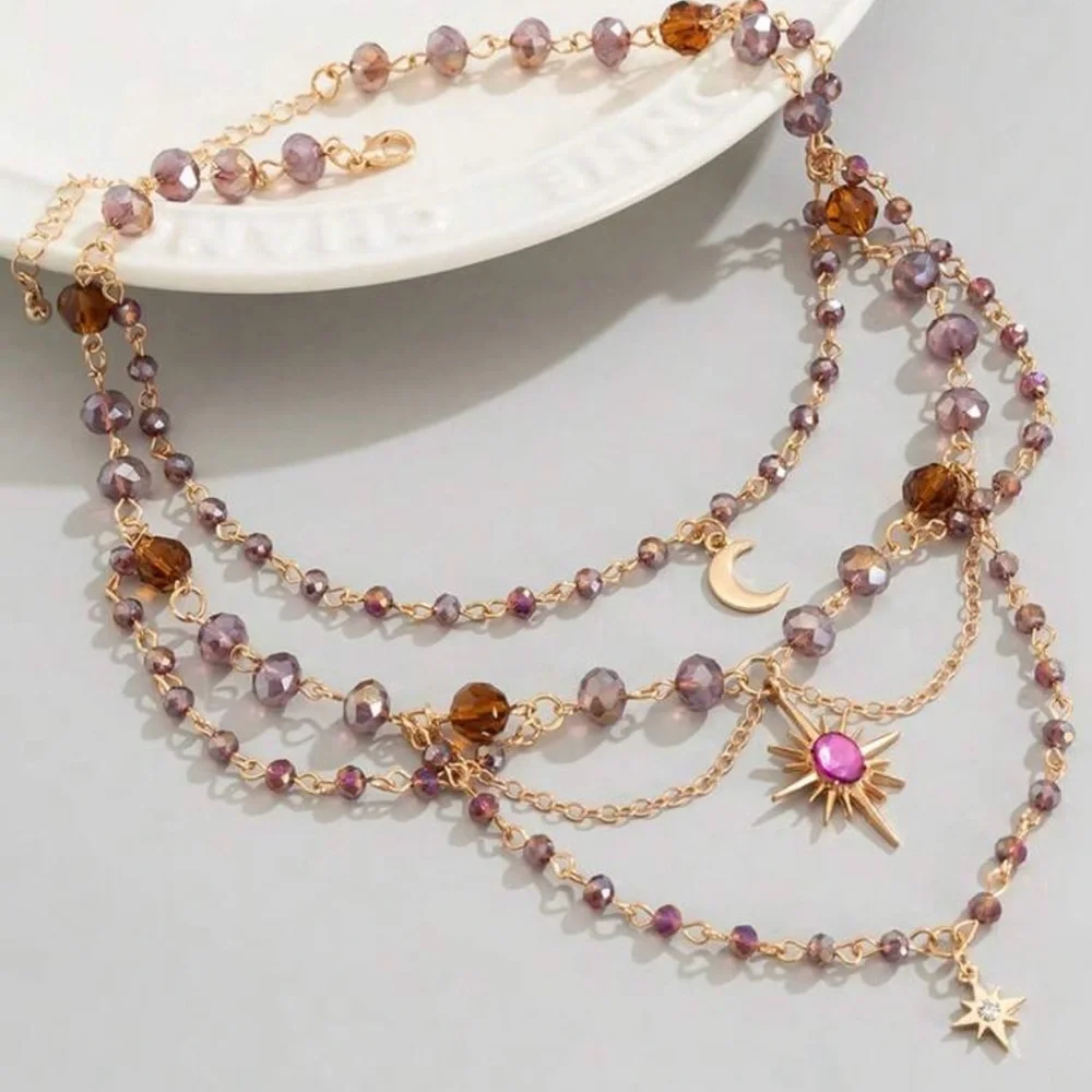 Celestial Layered Choker Necklace Star Moon Pink Purple Gold Tone Vtg Style NEW